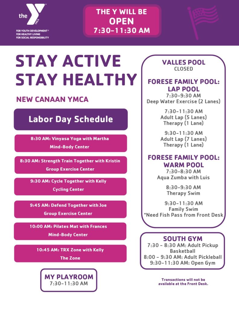Labor Day 2018 Schedule (002) - New Canaan YMCA Labor Day 2018 Schedule (002) - New Canaan YMCA